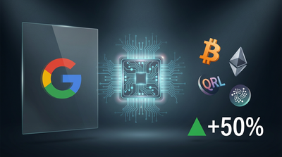 Quantum computer circuit board with cryptocurrency symbols