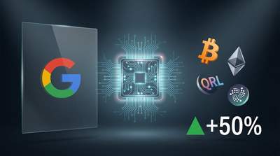 Quantum computer circuit board with cryptocurrency symbols