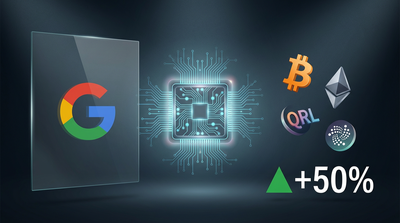 Quantum computer circuit board with cryptocurrency symbols