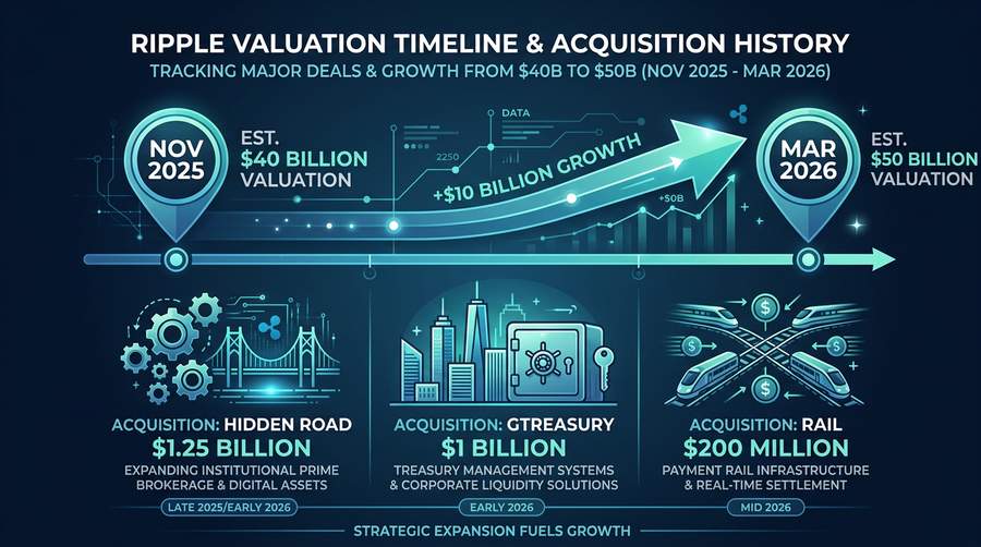 Ripple valuation timeline and acquisition history showing growth from $40B to $50B with major deals
