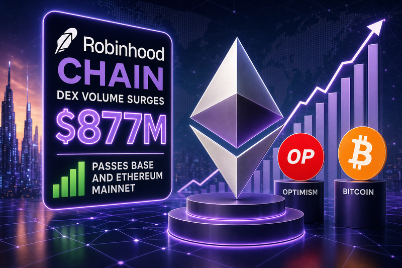 Robinhood Chain layer-2 DEX volume chart showing $877M in 24-hour trading activity