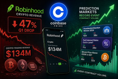 Robinhood stock chart showing Q1 2026 earnings miss with crypto revenue decline highlighted