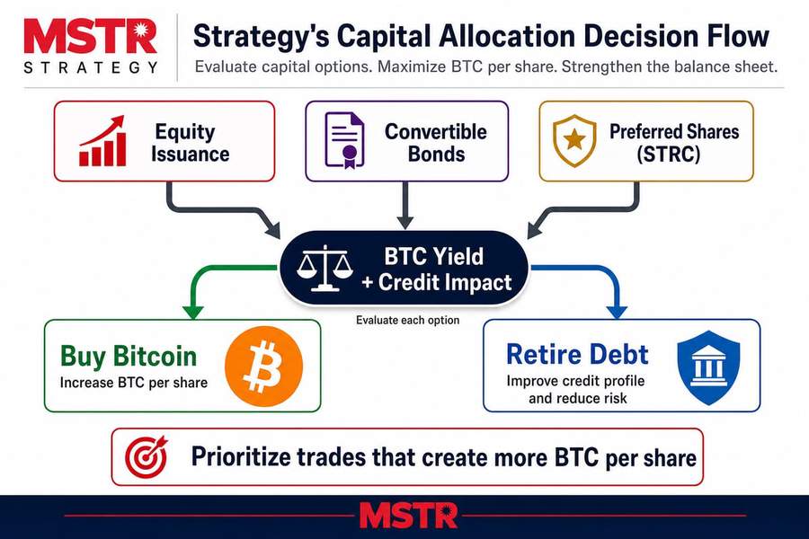 Diagram showing Strategy’s capital allocation decision framework balancing BTC yield and credit impact