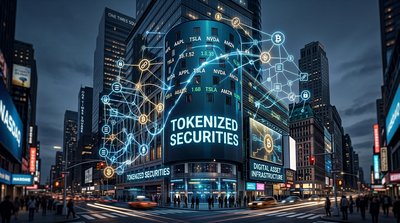 Nasdaq building with digital blockchain overlay representing tokenized securities