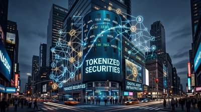 Nasdaq building with digital blockchain overlay representing tokenized securities