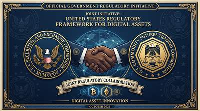 SEC and CFTC logos joined together with a handshake graphic and digital asset symbols on a dark blue official government-style background