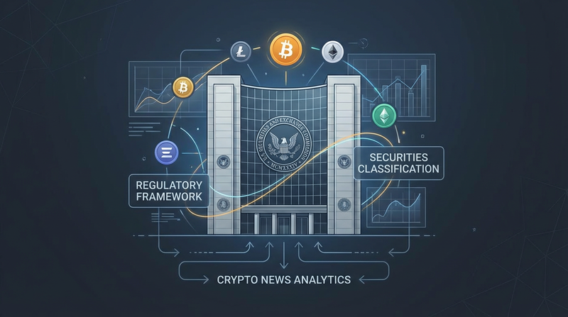SEC headquarters building with cryptocurrency symbols overlaid