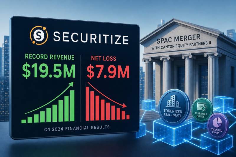 Securitize revenue and loss comparison chart showing Q1 2026 financial results