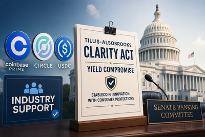 Senate Banking Committee markup vote document with CLARITY Act text and stablecoin symbols