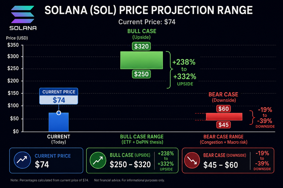 Infographic showing Gemini AI’s Solana price projections with bull case of $250-$320 and bear case of $45-$60