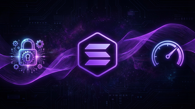 Futuristic quantum computer circuits overlaid with Solana blockchain network visualization