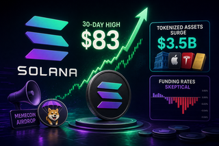 Solana price chart breaking to 30-day high at $83 with tokenized assets and memecoin activity indicators