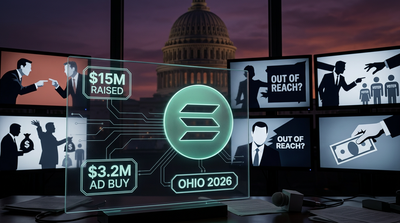 Political campaign advertisements and Solana logos overlapping US Capitol building