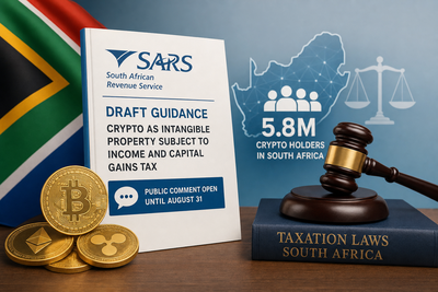 South African Revenue Service building with crypto asset taxation guidance document