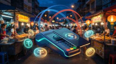 Person using crypto payment card at street vendor in Bangkok with digital payment terminal