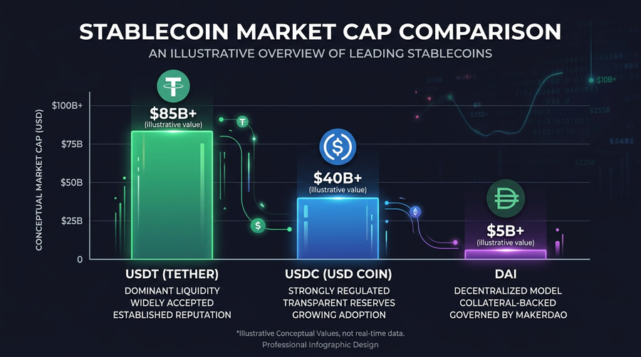 Bar chart comparing market caps of major stablecoins with color-coded impact levels from yield prohibition