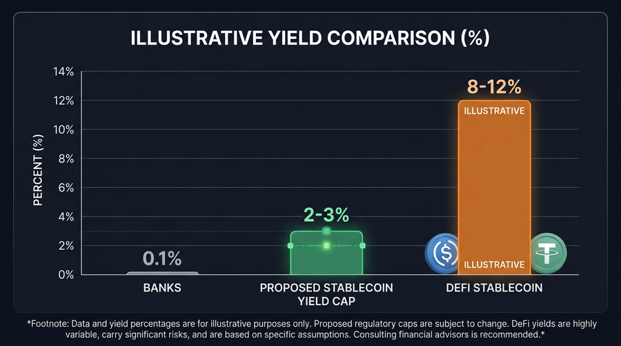 Bar chart comparing yields across traditional banks, proposed stablecoins, and DeFi protocols
