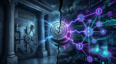 Split image showing DeFi protocols and traditional banks facing off over stablecoin yield regulations
