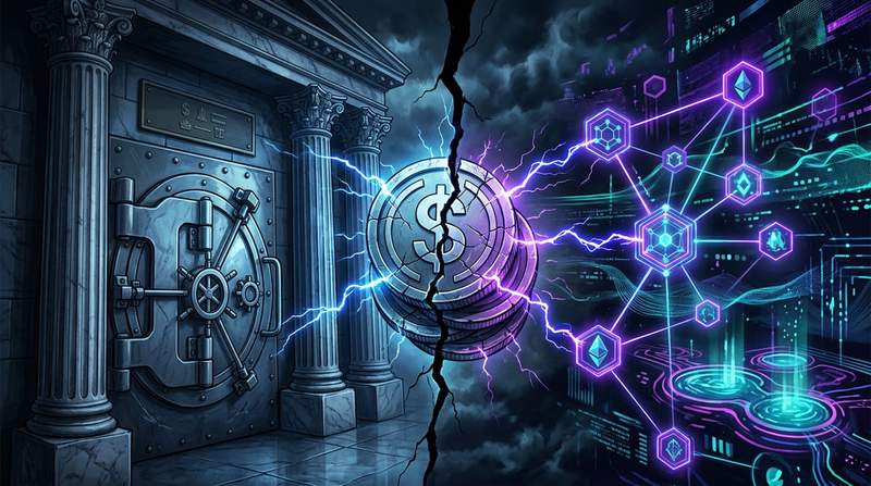 Split image showing DeFi protocols and traditional banks facing off over stablecoin yield regulations