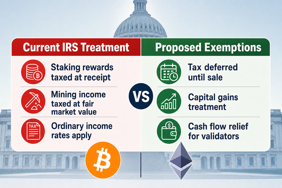 Comparison chart showing current IRS crypto tax treatment versus proposed staking and mining exemptions