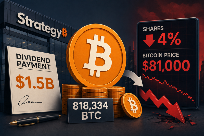 Strategy corporate building with Bitcoin symbols and dividend payment flow arrows