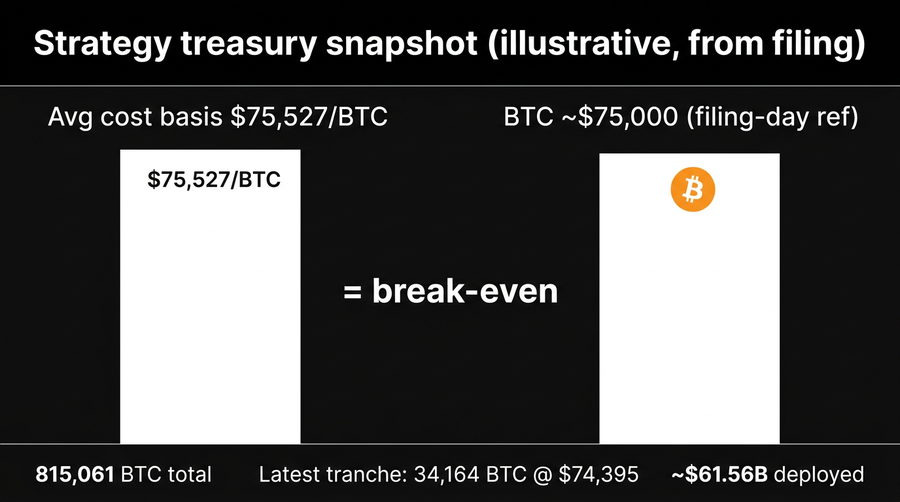 Illustrative break-even math: average cost basis vs filing-day BTC vs total BTC held (figures from the article)