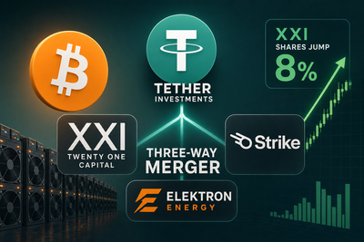 Bitcoin treasury and mining merger diagram showing Tether combining Twenty One Capital, Strike, and Elektron Energy
