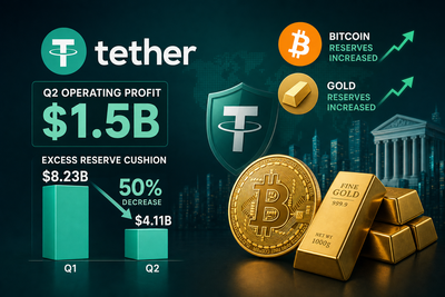 Tether USDT reserve breakdown showing gold bars, bitcoin, and US Treasury bonds with declining buffer indicator