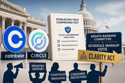 Senate building with stablecoin symbols and CLARITY Act text overlay representing crypto legislation progress