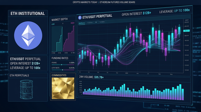 Digital trading interface showing tokenized perpetual swap volumes and commodities price charts