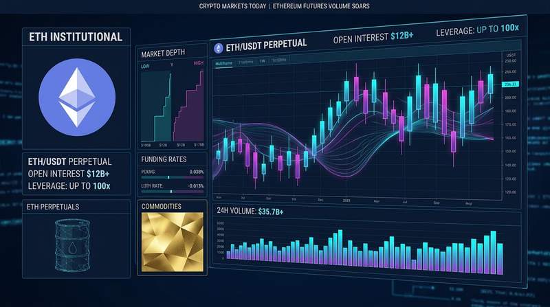 Digital trading interface showing tokenized perpetual swap volumes and commodities price charts