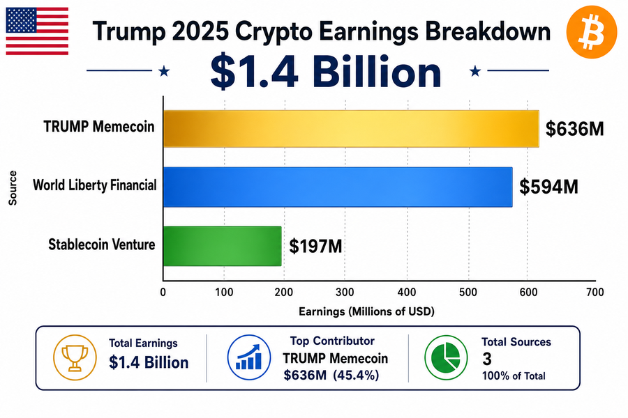 Bar chart showing Trump&rsquo;s 2025 crypto income: $636M from TRUMP memecoin, $594M from World Liberty Financial, $197M from stablecoin venture