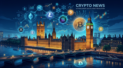 UK Parliament building with cryptocurrency symbols overlaid