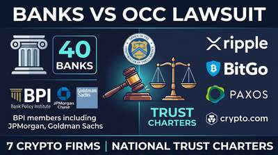 Bank columns and courthouse gavel alongside crypto logos representing the banking lobby's potential lawsuit against the OCC over crypto trust bank charters
