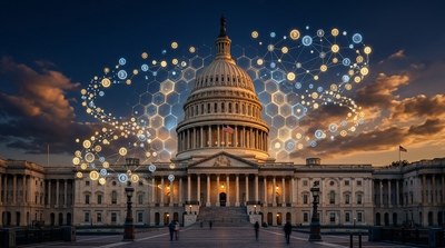 U.S. Capitol building with digital overlay representing blockchain technology and securities