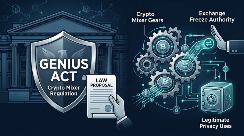 U.S. Treasury building with crypto symbols, shield icon, and mixer gears representing the GENIUS Act report on hold law and crypto mixer policy