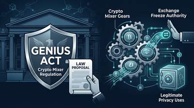 U.S. Treasury building with crypto symbols, shield icon, and mixer gears representing the GENIUS Act report on hold law and crypto mixer policy