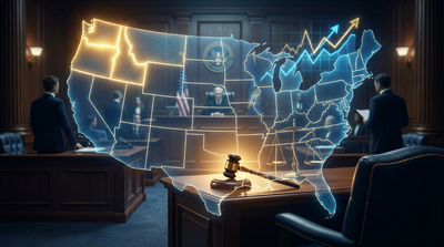 Legal documents and gavel with prediction market charts in background