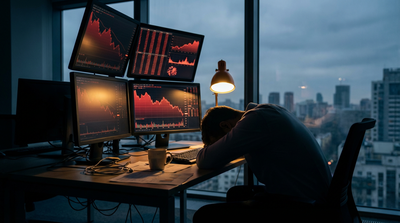 Exhausted trader looking at declining crypto charts on multiple monitors