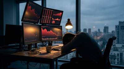 Exhausted trader looking at declining crypto charts on multiple monitors