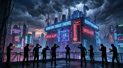 Futuristic quantum computer with Bitcoin symbols floating around it in a digital environment