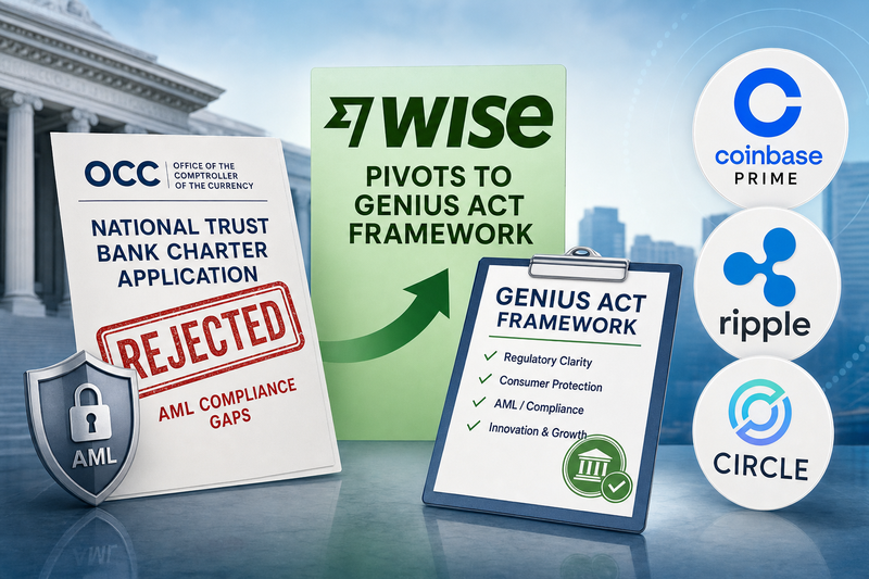 Wise logo with GENIUS Act framework overlay showing US regulatory pathway