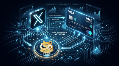 X platform logo with Visa debit card, Dogecoin symbol, and peer-to-peer payment network graphics on a dark fintech background