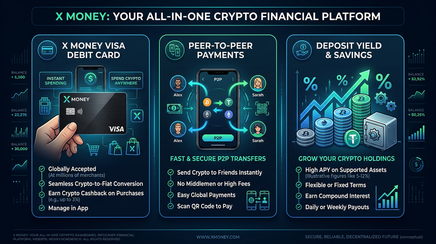 X Money platform features showing Visa debit card, peer-to-peer payments interface, and deposit yield on a dark fintech dashboard