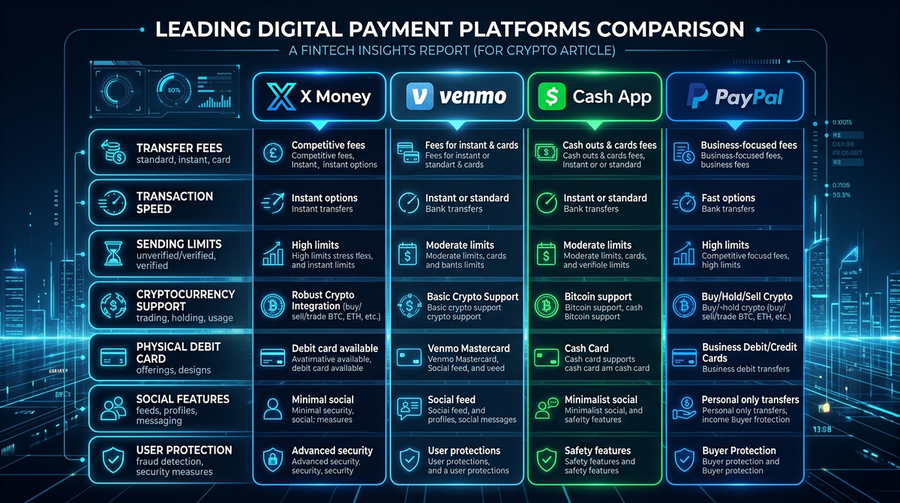 Comparison chart of digital payment platforms showing X Money, Venmo, Cash App, and PayPal features side by side
