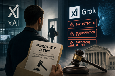 Gavel and AI chatbot interface representing the xAI whistleblower lawsuit over Grok safety concerns