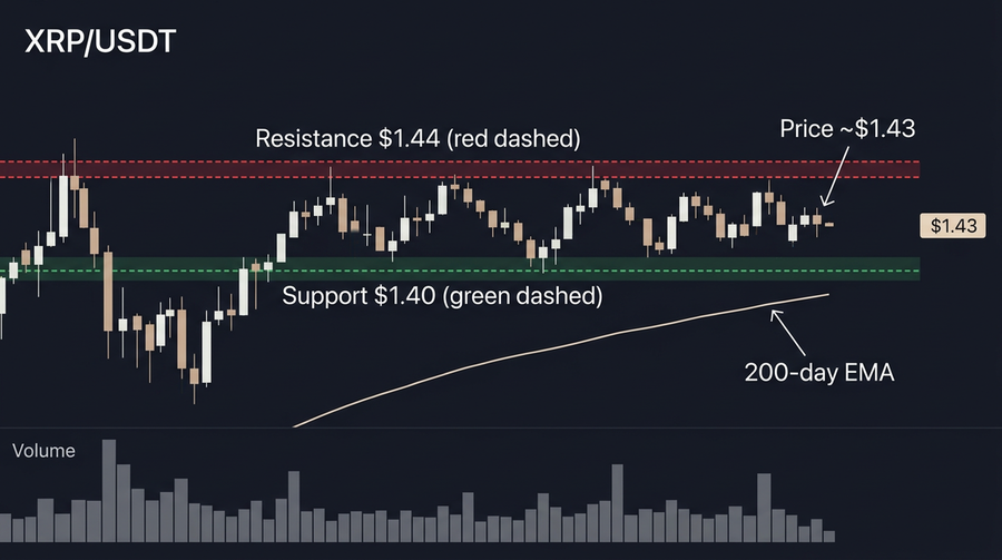 Illustrative XRP levels discussed: ~$1.40 support, ~$1.44 resistance, 200-day EMA context