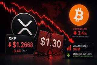XRP price chart showing breakdown below $1.30 support with volume surge indicator