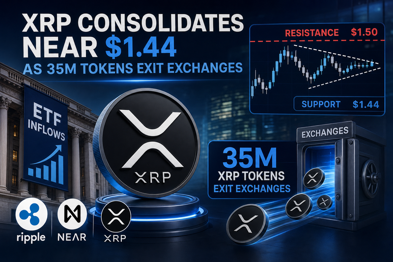 XRP price chart showing symmetrical triangle pattern with $1.44 resistance level and ETF inflow data
