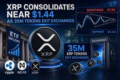XRP price chart showing symmetrical triangle pattern with $1.44 resistance level and ETF inflow data